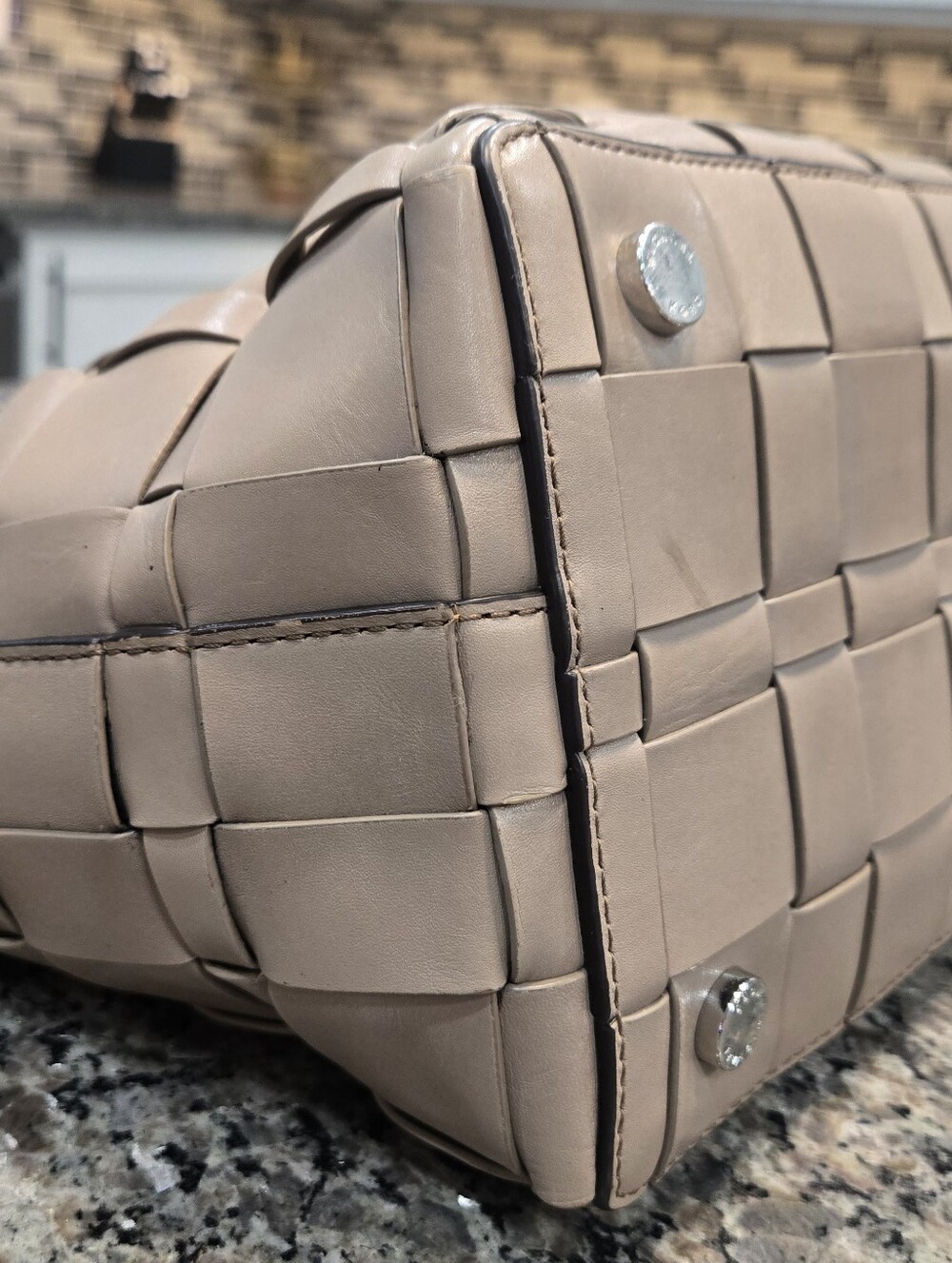 Michael Kors Vivian Woven Leather Tote Taupe Basket Weave Tassel Shoulder Bag - Picture 9 of 16